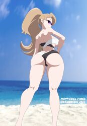 amy_(ninjala) ass beach big_ass big_breasts big_butt black_swimsuit blonde_hair bubble_butt eyewear female female_focus female_only glasses hourglass_figure kandiibox looking_at_viewer looking_back looking_down ninjala ocean pink_eyes ponytail presenting_ass purple-tinted_eyewear sand standing sunglasses swimsuit swimwear tinted_eyewear viewed_from_below water white_swimsuit