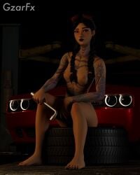 1girls 3d black_hair black_nails blender breasts car dodge dodge_(brand) dodge_challenger female fingernails fortnite freckles goggles goggles_on_head gzarfx jules_(fortnite) light-skinned_female light_skin mustang nail_polish nipples nose_piercing nude pussy small_breasts solo tattoo tattoos toenail_polish toenails vagina watermark