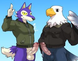 41raco accipitrid accipitriform animal_crossing anthro apollo_(animal_crossing) avian bald_eagle bird bottomless canid canine canis clothed clothing duo eagle erection foreskin genitals greeting hi_res humanoid_genitalia humanoid_penis kirupi lobo_(animal_crossing) male male_only mammal nintendo penis sea_eagle shirako video_games wolf