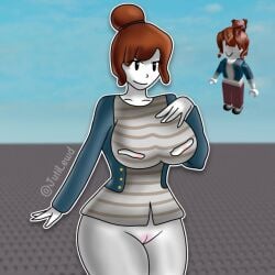 1girls acorn_hair areola areolae artist_name ass bottomless brown_hair color colored hair_tie hand_on_breast jacket jutilewd nipple_cutout nipple_peek nipples pussy roblox roblox_avatar robloxian self_upload shirt standing striped_shirt thighs watermark