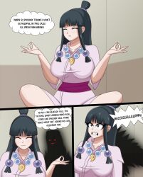 2girls big_breasts capcom comic dahlia_hawthorne dialogue female female_only gyakuten_saiban huge_breasts kimono magatama magatama_necklace maya_fey migi_rider possession pout text