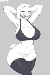 1girls 2022 anthro arms_behind_head artist_name big_breasts black_lingerie bovid bovid_humanoid breasts cleavage closed_eyes cooliehigh eyebrows eyelashes female female_only furry furry_female furry_only goat goat_humanoid grey_background lingerie lingerie_only mammal mammal_humanoid milf navel no_humans open_mouth small_tail solo solo_female standing tagme tail thick_thighs thighhighs tongue toriel undertale undertale_(series) white_body white_sclera