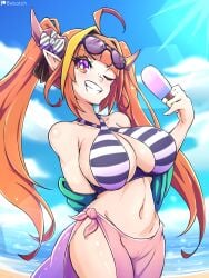 ahoge beach bebatch bikini bottomless breasts cleavage cleavage_window dragon_girl holoforce hololive hololive_japan horns inner_sideboob kiryu_coco large_breasts long_hair midriff multicolored_hair navel orange_eyes orange_hair outdoors pointy_ears popsicle pussy sarong see-through smile swimsuit tail thong twintails two-tone_hair virtual_youtuber wide_hips wink yellow_hair