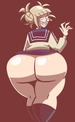 1girls 2022 ass ass_focus big_ass bottom_heavy bottomless bottomless_skirt bubble_butt butt_crack clothing dat_ass female female_only himiko_toga huge_ass looking_at_viewer looking_back my_hero_academia mythabyss narrow_shoulders no_panties skirt skirt_up smile solo thick_thighs wide_hips yellow_eyes