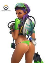 1girls africa_(artist) alternate_costume alternate_hairstyle ass blizzard_entertainment brown_eyes brunette butt dark-skinned_female dat_ass dyed_hair eyebrow_slits eyeshadow female goggles hispanic latina looking_at_viewer looking_back medium_hair mexican official_alternate_costume overwatch petite presenting_ass purple_eyes purple_eyeshadow purple_hair purple_lipstick seductive_eyes seductive_look short_hair slim sombra thong tulum_sombra white_background