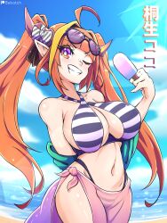 ahoge beach bebatch bikini breasts cleavage cleavage_window dragon_girl holoforce hololive hololive_japan horns inner_sideboob kiryu_coco large_breasts long_hair midriff multicolored_hair navel orange_eyes orange_hair outdoors pointy_ears popsicle sarong smile swimsuit tail thong twintails two-tone_hair virtual_youtuber wide_hips wink yellow_hair