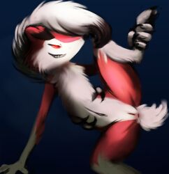 anthro anus female fur genitals l077 leg_grab lycanroc midnight_lycanroc narrowed_eyes nintendo pokémon_(species) pokemon pussy raised_leg red_body solo spread_legs spreading video_games white_body white_fur