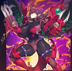 armor big_breasts claws cleavage curvy destiny_hero_destroyer_phoenix_enforcer female green_eyes hair_ornament huge_breasts looking_at_viewer melon22 muscular muscular_female muscular_thighs pale-skinned_female pale_skin rule_63 short_hair thick_thighs wings yu-gi-oh!