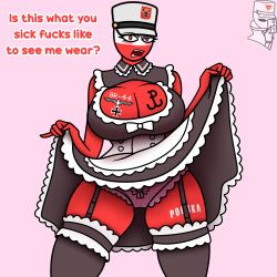 annoyed ass big_ass big_breasts big_butt blush breasts countryhumans countryhumans_girl ech0chamber english_text iron_cross looking_at_viewer maid maid_uniform military_hat poland_(countryhumans) skirt symbol tagme thick_thighs thighhighs watermark