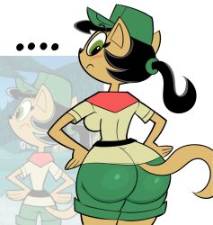 1girls anthro ass big_ass black_hair breasts clothing feline female female_only green_eyes hand_on_hip hat kitty_katswell looking_at_viewer looking_back majuv ponytail screenshot_edit shorts t.u.f.f._puppy tail thick_thighs