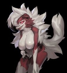 1girls anthro anthrofied bent_over big_breasts black_background breasts canine featureless_breasts female female_only fur furry furry_only glowing_eyes looking_at_viewer lycanroc midnight_lycanroc narrowed_eyes nintendo no_humans no_nipples pokémon_(species) pokemon red_eyes smiling_at_viewer solo solo_female tagme tail voluptuous woobin94