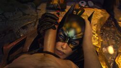 1boy 1girls 3d 4k abs absurdres barbara_gordon batgirl batgirl_(arkham_knight) batman:_arkham_knight batman_(series) big_penis dc dc_comics drdabblur erection faceless_male female handjob highres looking_at_viewer male penis pubic_hair source_filmmaker