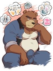 2017 41raco anthro arm_support belly black_nose blue_bottomwear blue_clothing blue_jacket blue_pants blue_topwear bottomwear brown_body brown_countershading brown_fur bulge clothed clothing colored countershade_snout countershading erection erection_under_clothing fantasizing fully_clothed fur hi_res jacket japanese_text juuichi_mikazuki kirupi leaning_on_elbow male male_only mammal moobs morenatsu musclegut orange_background pants shirako shirt simple_background sitting slightly_chubby slightly_chubby_anthro slightly_chubby_male snout solo text thought_bubble topwear ursid video_games visual_novel white_background white_clothing white_shirt white_topwear