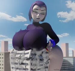 1girls 2022 2d_(artwork) 3d big_breasts breast_rest breasts building city clothed dc dc_comics demon_girl destruction female female_only forehead_jewel giantess gray_skin grey_body grey_skin large_breasts leotard looking_down macro purple_eyes purple_hair rachel_roth raven_(dc) solo teen_titans vanasmut