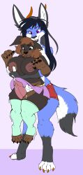 4_fingers absurd_res anthro big_breasts black_hair blue_body blue_fur bodily_fluids breast_grab breasts brown_body brown_fur brown_hair bulge canid canine canis cum digital_media_(artwork) dipstick_tail domestic_dog duo fingerpads fingers fur furry genital_fluids genitals gynomorph gynomorph/gynomorph hair hand_on_breast hi_res holding_character intersex intersex/intersex jackal kame-sama88 kiki_(bigbanana) looking_down mammal markings mastiff molosser nipples pawpads penis penis_size_difference pink_eyes rottweiler roz_(rosstherottie) short_stack shortstack simple_background size_difference smile tail_markings white_background white_body white_fur