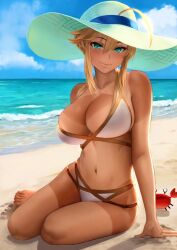 ahoge artoria_pendragon artoria_pendragon_(lancer) beach bikini blonde_hair blue_eyes blush breasts emerald_eyes fate/grand_order fate_(series) female hat kneeling large_breasts looking_at_viewer midriff milf outdoors short_hair smile sun_hat swimsuit tan_skin tanline tanned_skin yamaneko_(tkdrumsco)