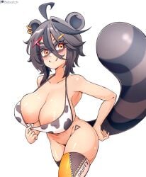 animal_ears areola areola_slip areolae bebatch bikini_top blush bottomless breasts cow_print cow_print_bikini earrings grey_hair huge_breasts indie_virtual_youtuber midriff nipples orange_eyes raccoon_ears raccoon_girl raccoon_tail short_hair smile snuffy tail tattoo thick_thighs thighs virtual_youtuber wide_hips