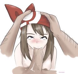 brown_hair color cum cum_in_mouth cum_on_nose female gach4p0n hands_on_head holding_head may_(pokemon) oral partial_male pokemon pov_eye_contact tearing_up tears