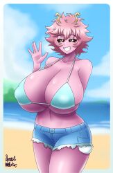 1girls 2022 alternate_breast_size antennae artist_signature azraelwebster beach bikini_top black_sclera booty_shorts breasts curly_hair female female_only huge_breasts jean_shorts looking_at_viewer massive_breasts mina_ashido my_hero_academia outdoors pink_skin short_hair short_shorts shorts smile thighs tomboy wide_hips yellow_eyes