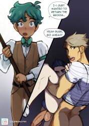 archie_pendragon blue_hair blush bottomless bowtie caught danyal_baron dialogue f.t.p.h.d. formal_clothes gay green_hair grey_hair hand_on_shoulder hanging_balls hanging_penis holding_onto_partner janitor janitor_closet kotaro_sato legs_up lifting_leg lilprincyvi male male_only penetration shoes_on standing_sex striped_t-shirt t-shirt