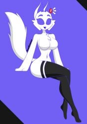 black_legwear blue_background blue_eyes breasts canid canine clothing clyde_(discord) discord discord_(app) female female_only fox samrunner thick_thighs thighhighs thighs white_body white_skin