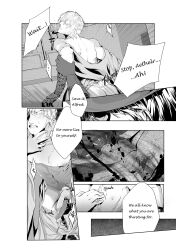 2boys alfred_(bloodborne) arm_grab assisted_exposure bad_grammar bai_rui bloodborne blush comic dialogue english_text facial_hair fromsoftware gay groping hard_translated hunter_(bloodborne) male male_only monochrome partially_nude penis sideburns uncensored yaoi