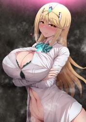 1girls 2022 alternate_breast_size bangs blonde_hair blush blushing_profusely bottomless bottomless_female bra breasts button_gap cleavage embarrassed female female_only gold_eyes hair_ornament hi_res hips huge_breasts long_hair looking_at_viewer mythra nintendo no_panties ponpo ponponmaru school_uniform slim_waist steam steaming_body straining_buttons sweat sweaty_body swept_bangs tiara wide_hips xenoblade_(series) xenoblade_chronicles_2