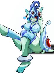 ass blush blushing breasts darkzero779 digimon digimon_(species) female female_only green_skin heart large_breasts leg_up ranamon red_eyes solo thighs voluptuous wink winking