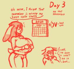 anthro big_breasts breasts calendar_(object) celia_(lurker-bot) clothes dialogue female getting_dressed huge_breasts limited_palette lurker-bot mating_season no_nut_november rabbit simple_background wide_hips