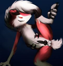 animal_genitalia animal_penis anthro anus black_penis canine_penis fur genitals knot l077 leg_grab lycanroc male male_only midnight_lycanroc narrowed_eyes nintendo penis pokémon_(species) pokemon raised_leg red_body solo spread_legs spreading video_games white_body white_fur