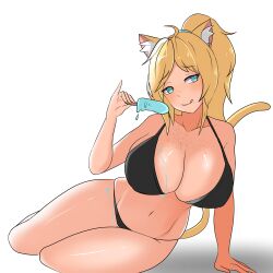 animal_ears bikini bikini_bottom bikini_top blonde_hair blue_eyes blush breasts breasts_bigger_than_head cat_ears cat_tail catgirl freckles freckles_on_breasts freckles_on_chest freckles_on_face huge_breasts large_breasts nekomimi popsicle popsicle_melting sitting sitting_down skimpy thick_thighs thor_chan virtual_youtuber vrchat