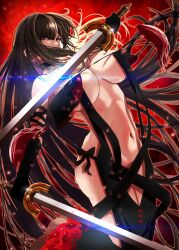 aguno ass big_ass breasts brown_hair choker cleavage dress ear_studs earrings fate/grand_order fate_(series) gloves large_breasts long_hair midriff navel piercing red_eyes revealing_clothes strap_dress sword very_long_hair weapon yu_mei-ren_(fate)