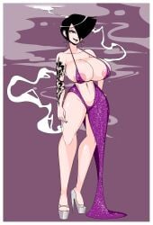 big_breasts black_hair daphne_dress dress hair_over_one_eye high_heels huge_breasts human light-skinned_female light_skin meme_attire no_bra no_panties no_underwear original_character purple_dress reiduran tattoo tattooed_arm voluptuous