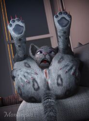 3d_(artwork) anthro anus ass brittany clitoris digital_media_(artwork) face felid female furniture genitals hi_res inside mammal monarquis narrowed_eyes pantherine pussy snow_leopard sofa solo tail