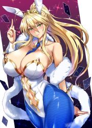 artoria_pendragon artoria_pendragon_(lancer) artoria_pendragon_(swimsuit_ruler) blonde_hair breasts bunny_ears bunny_girl bunnysuit cleavage crown fake_animal_ears fate/grand_order fate_(series) fishnets green_eyes huge_breasts kumakichi_(cost-lost) leotard long_hair looking_at_viewer milf necktie pantyhose playing_card ponytail smile thick_thighs thighs very_long_hair