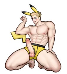 1boy abs blonde_hair blue_eyes boner circumcised erect_penis erection flexing gijinka hard_on headband huge_cock kappibara kneeling male male_nipples male_only muscles muscular_male pecs penis penis_out pikachu pokémon_(species) pokemon solo tail thick_thighs underwear underwear_only