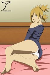 1girls arekusanderu ass barefoot bent_knees blonde_hair boruto:_naruto_next_generations bottomless bottomless_female feet female female_only kimono legs_together long_hair lying lying_on_side naruto naruto_(series) no_shoes off_shoulder on_bed on_side panties partially_clothed quad_tails solo solo_female solo_focus temari tied_hair yellow_hair