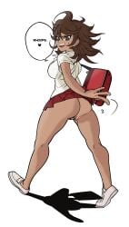 bag bottomless bottomless_skirt brekkist brown_eyes brown_hair clothed clothed_female danganronpa danganronpa_2:_goodbye_despair dark-skinned_female dark_skin edit exposed_ass exposed_pussy female female_only no_panties owari_akane shoes skirt solo solo_female solo_focus straight_hair super_danganronpa_2 text_bubble upskirt