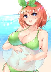 :d absurdres ball bangs beach beachball bikini blue_eyes breasts cleavage collarbone color commentary_request cowboy_shot curved_horizon female go-toubun_no_hanayome green_bikini hair_ribbon highres holding holding_ball holding_beachball large_breasts light-skinned_female light_skin looking_at_viewer micosivaa nakano_yotsuba navel ocean open_mouth orange_hair ribbon short_hair sidelocks smile solo standing swimsuit teeth upper_body upper_teeth white_background