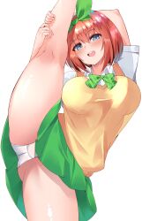 absurdres arm_behind_head bangs blue_eyes blush bob_cut bow bowtie breasts collared_shirt commentary_request cowboy_shot eyebrows_visible_through_hair female flexible go-toubun_no_hanayome green_bow green_bowtie green_ribbons green_skirt hair_between_eyes hair_ribbon highres large_breasts leg_lift looking_at_viewer meme micosivaa miniskirt nakano_yotsuba open_mouth orange_hair panties pantyshot pleated_skirt ribbon school_uniform shirt short_hair short_sleeves simple_background skirt solo split standing standing_on_one_leg standing_split sweater_vest teeth thick_thighs thighs underwear upper_teeth upskirt white_background white_panties white_shirt