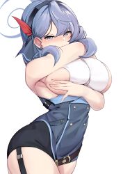 absurdres ako_(blue_archive) armpits bangs bare_arms bare_shoulders belt blue_archive blue_eyes blue_hair blue_leotard blush breasts brown_belt covered_navel earrings female garter_straps gehenna_academy_student hair_between_eyes hair_ribbon hairband halo highres huge_breasts jewelry leotard long_hair looking_at_viewer multicolored_hair mung_(larnec) nose_blush prefect_team_(blue_archive) presenting_armpit ribbon sideboob simple_background solo streaked_hair stud_earrings tearing_up underboob white_background