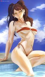 1girls arm_support bare_arms bare_legs bare_shoulders bikini blush breasts brown_hair cloud cloudy_sky collarbone day earrings grin half-closed_eyes head_tilt highleg highleg_bikini highleg_swimsuit jewelry kujikawa_rise legs lips long_hair looking_at_viewer medium_breasts midriff navel neck outdoors parted_lips patreon_logo persona persona_4 pool red_bikini red_swimsuit side-tie_bikini sitting sky smile solo solo_female strapless strapless_bikini strapless_swimsuit thick_thighs thighs tied_hair twintails ultrabinou underboob water watermark yellow_eyes