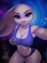 anthro aozee athletic athletic_female big_breasts black_eyeshadow black_pupils blue_bra blue_eyes blue_panties bra breast_grab breasts cleavage commission digital_media_(artwork) disney eyebrows eyelashes female female_only furry furry_female furry_only grabbing_own_breast judy_hopps lagomorph lagomorph_humanoid looking_at_viewer mammal mammal_humanoid medium_breasts no_humans panties pink_nose rabbit rabbit_humanoid selfie smile smiling_at_viewer solo solo_female thick_thighs watercolor_(artwork) white_body white_sclera zootopia