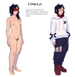 1girls asian asian_female blindfold hoodie linnea_(lullindo) lullindo naked pubic_hair red_blindfold ripped_pants side_by_side small_breasts white_hoodie