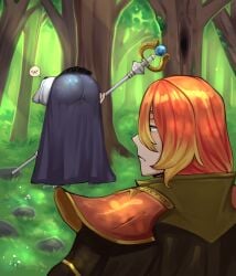 1boy 1girls alternate_ass_size ass ass_focus bent_over big_ass female fire_emblem fire_emblem_echoes:_shadows_of_valentia forest frown imminent_sex large_ass luthier_(fire_emblem) male nintendo nun outdoors sad silque_(fire_emblem) staff yamapollogee