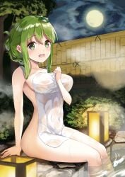 1girls ambasa breasts female hot_spring nude sanae_kochiya see-through_towel smile solo touhou towel