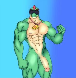 1boy 2022 big_penis brawl_stars buzz_(brawl_stars) dinosaur humanized looking_at_viewer male_only muscles muscular_penis penis solo supercell tagme