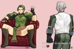 2boys big_ass big_balls big_penis english_text everyone_is_so_mean_2_me exposed_penis fernand_(fire_emblem) fire_emblem fire_emblem_echoes:_shadows_of_valentia foreskin forsyth_(fire_emblem) huge_cock male male_only meme multiple_boys presenting presenting_penis smug spread_legs suggestive text uncensored uncut veiny_penis waving yamapollogee yaoi