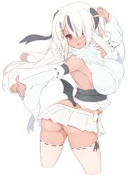 2014 absol alternate_breast_size ass black_hair blush breasts color commentary_request dark-skinned_female dark_skin female highres hip_focus large_breasts long_hair mega_absol mega_pokemon multicolored_hair natsuki_straight nintendo open_mouth personification pokemon pokemon_(species) red_eyes ribbon-trimmed_legwear ribbon-trimmed_sleeves ribbon_trim side_ponytail simple_background solo tail thighhighs white_background white_hair white_legwear wide_hips