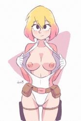 1girls afterdarb big_breasts blonde_hair bodysuit breasts breasts_out breasts_outside darbsart exposed_breasts female female_only flashing flashing_breasts gwen_poole gwenpool gwenpool_(series) inverted_nipples marvel marvel_comics nipples open_bodysuit pink_hair two_tone_hair